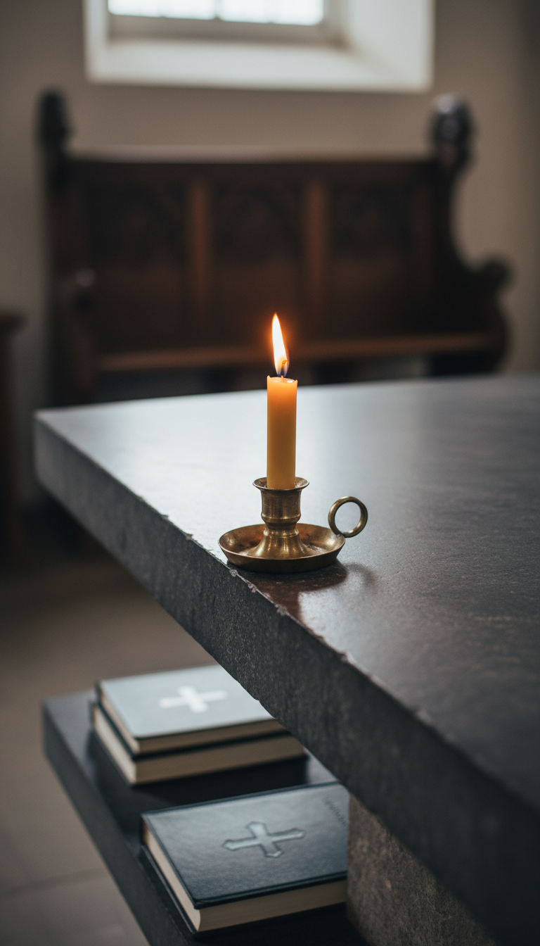 A single flickering beeswax candle in an unadorned brass holder is positioned at the edge of a polished stone altar, bathed in the subdued glow of overcast daylight. The subtle gradient of candlelight melds with the slate tones of the altar, while faint outlines of hymnals and a distant, ornately carved choir bench provide depth in the softly blurred background. Captured from a slight side angle, the scene feels reverent and serene, with minimalist elegance and refined details emphasizing spiritual warmth and sacred simplicity—an ideal visual for reflections on Mass and faith.