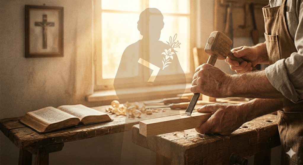 A man uses a hammer on a wooden table, bathed in warm light, reflecting the dignity of work and St. Joseph's inspiration